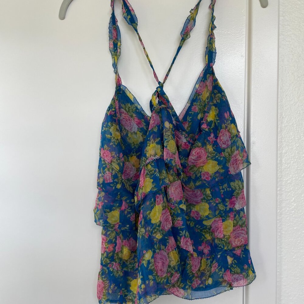 Abercrombie & Fitch Sheer Floral Ruffle Tank Top,‎ Front Buttons, Blue, Pink, S - Picture 2 of 6